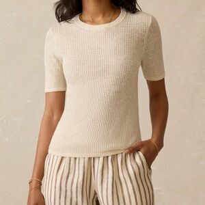 Faherty Miramar Linen Mini Rib Tee - Summer Sand-size XL